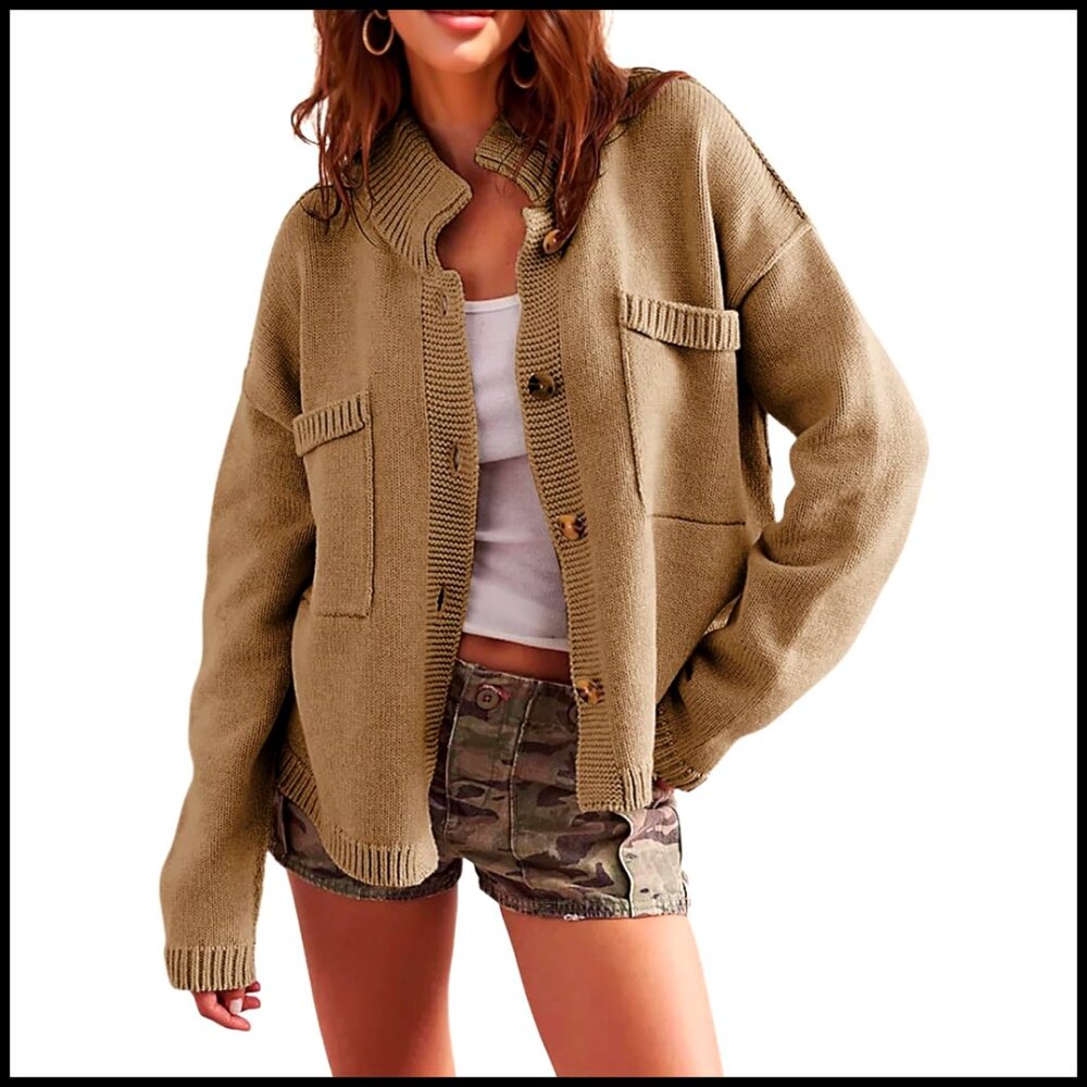 Oversized Open Front Button Cardigan Sweater Women's Knit Acrylic Warm